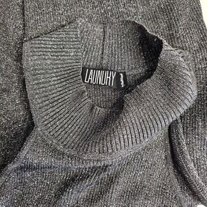 Laundry by Shelli Segal Vtg Y2K Metallic Silver Gunmetal Mock Neck Knit Top Sz L